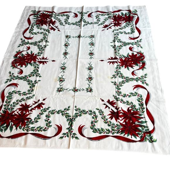 Vintage Christmas Tablecloth printed cotton white red poinsettias holly FLAWS - Picture 10 of 11